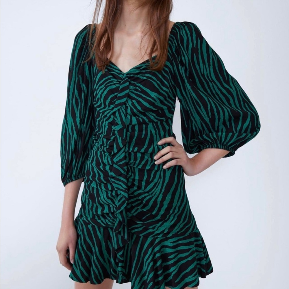 Zara Black and Green Ruched Animal Print Dress Size M